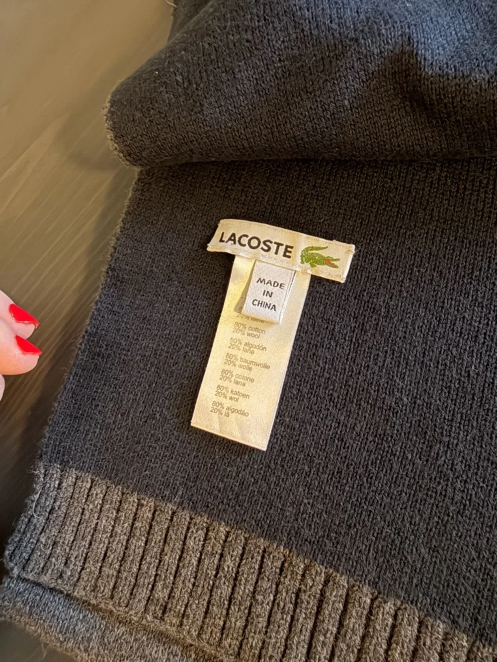 Lacoste Charcoal Knit Wool Blend Scarf with Ribbed Edge